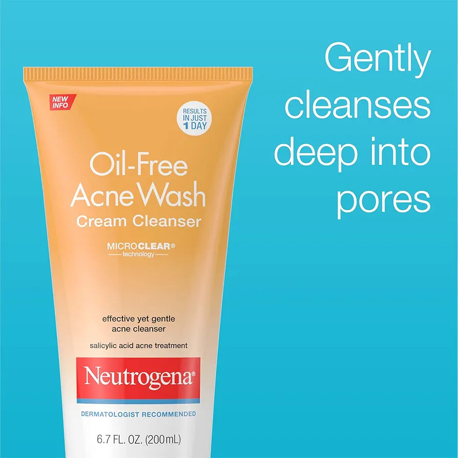 Neutrogena Oil-Free Acne Face Wash Cream Cleanser, 2% Salicylic Acid Acne Treatment, Daily Facial Cleanser for Acne-Prone Skin