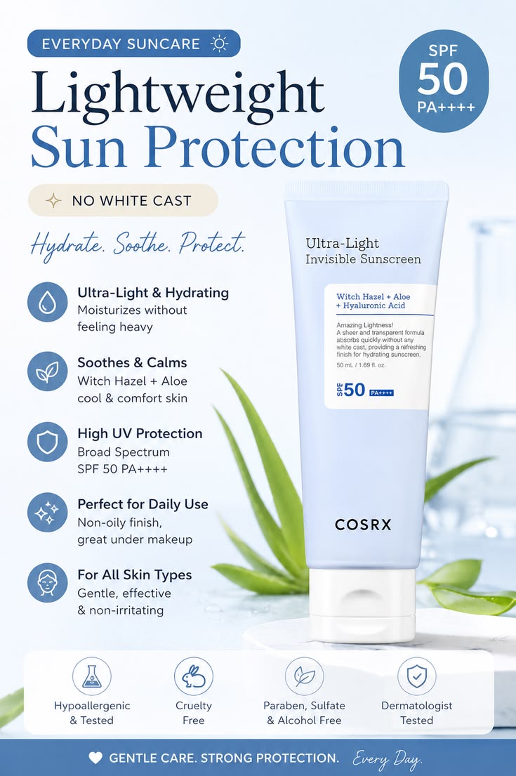 COSRX Ultra-Light Invisible Sunscreen SPF50+ PA++++ with Niacinamide & Aloe Vera for UVA/UVB Protection, No White Cast, 50ml