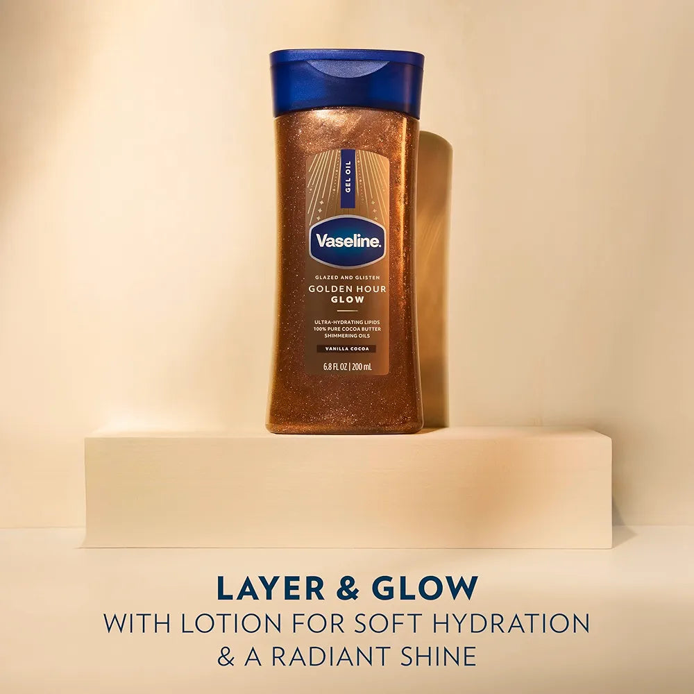 Vaseline Golden Hour Glow | Vanilla Shimmer Body Gel Oil with Ultra-Hydrating Lipids & 100% Pure Cocoa Butter