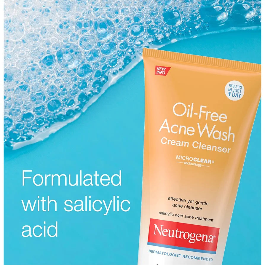 Neutrogena Oil-Free Acne Face Wash Cream Cleanser, 2% Salicylic Acid Acne Treatment, Daily Facial Cleanser for Acne-Prone Skin