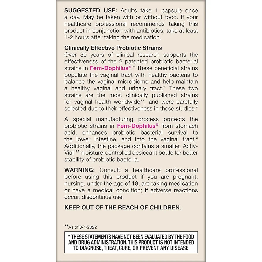 Jarrow Formulas Fem-Dophilus Vaginal Probiotics with 1 Billion CFU | Dietary Supplement For Vaginal & Urinary Tract Support, 60 Capsules