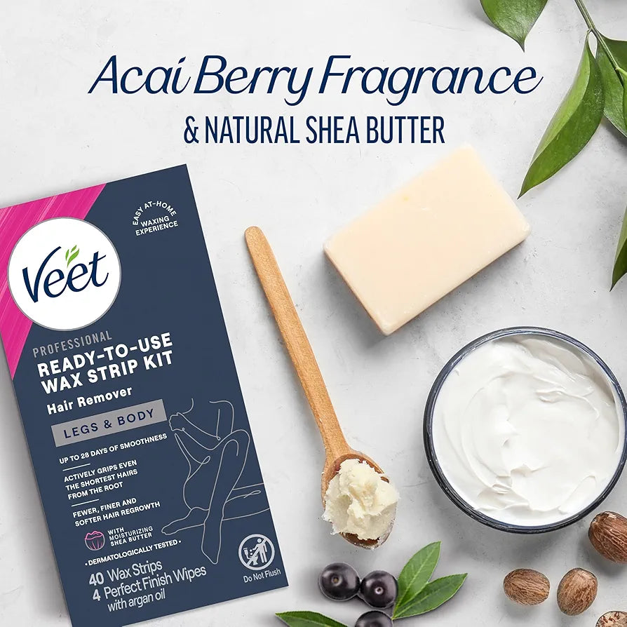 Veet Sugar Wax Strips for Women | Body, Pubic & Bikini Hair Removal with Shea Butter (40 Strips + 4 Wipes)