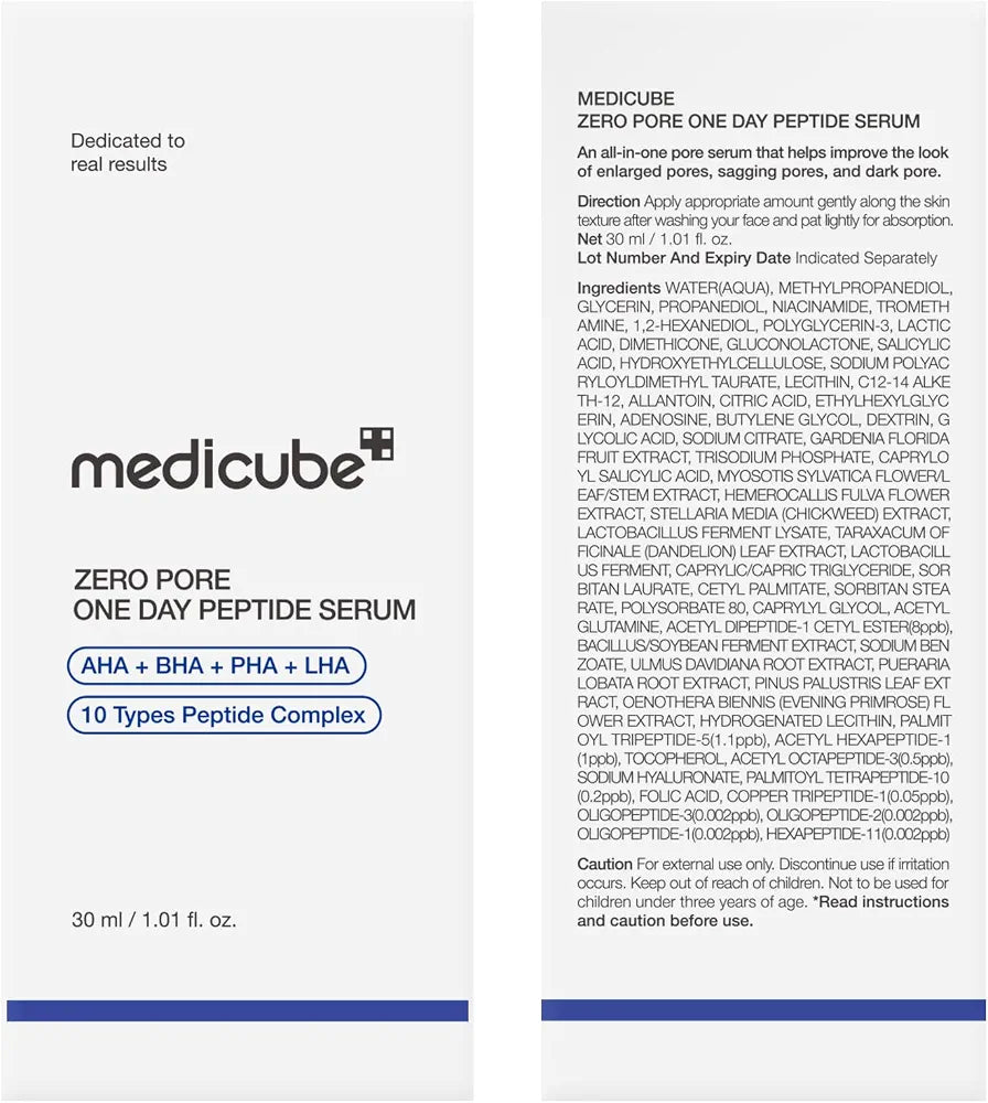 Medicube Zero Pore One Day 10 Peptide Serum with AHA, BHA, PHA, LHA & Niacinamide for Enlarged Pores, Excess Oil & Uneven Skin Texture, 30ml
