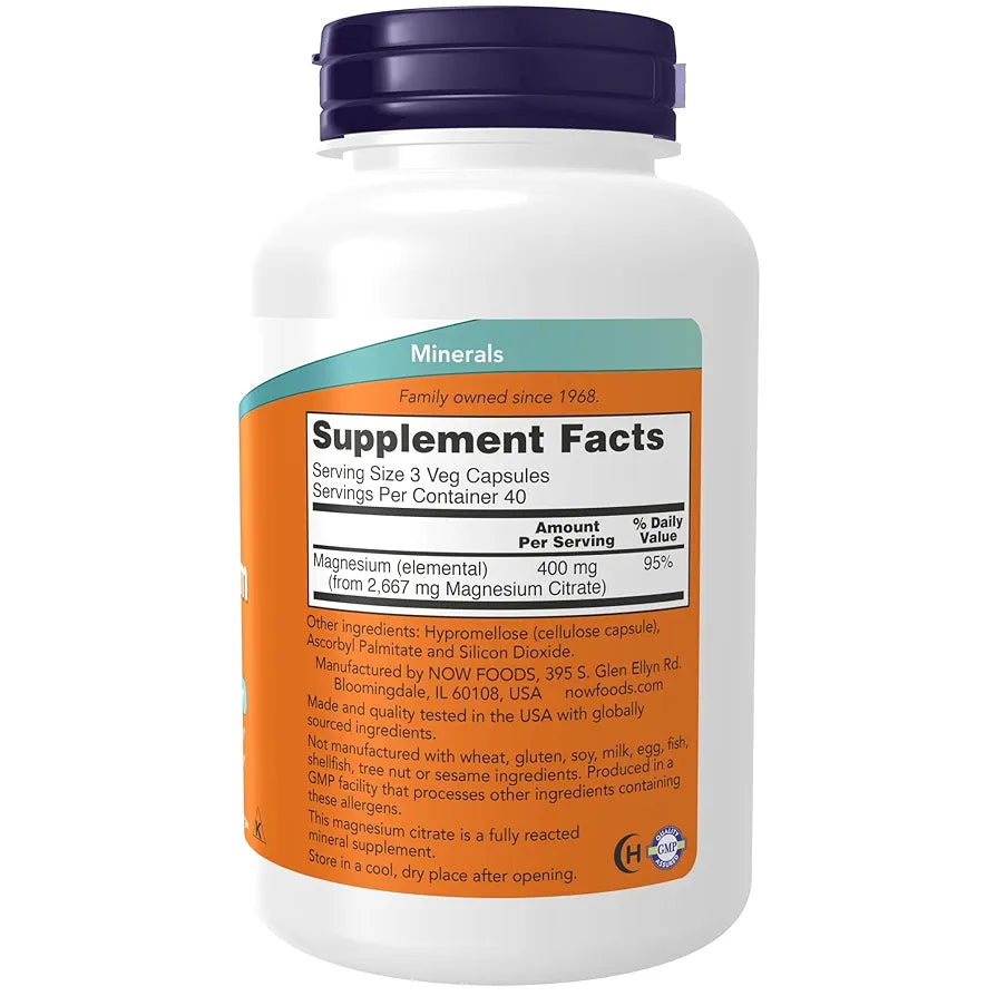 NOW Supplements Magnesium Citrate | Enzyme Function & Nervous System Support | 120 Capsules