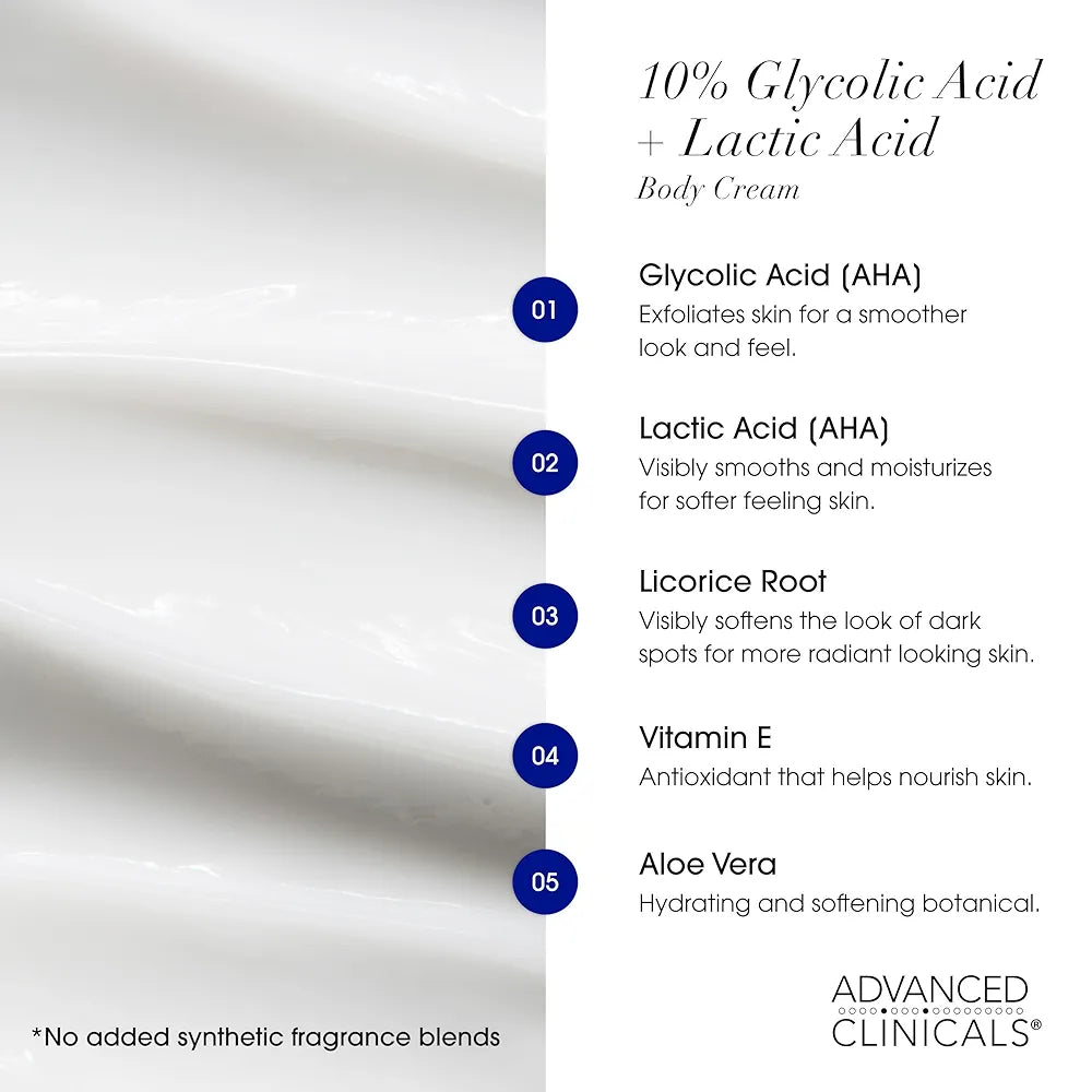 Advanced Clinicals 10% Glycolic Acid + Lactic Acid Lotion Exfoliant Moisturizing Cream With Hyaluronic Acid Moisturizer | AHA