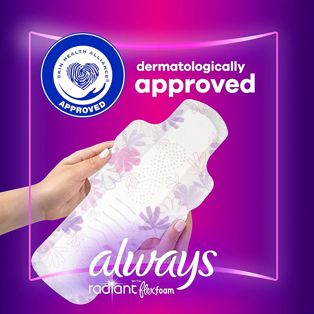 Always Radiant FlexFoam Pads with Wings – Size 5 Extra Heavy Overnight Absorbency (26 Count)