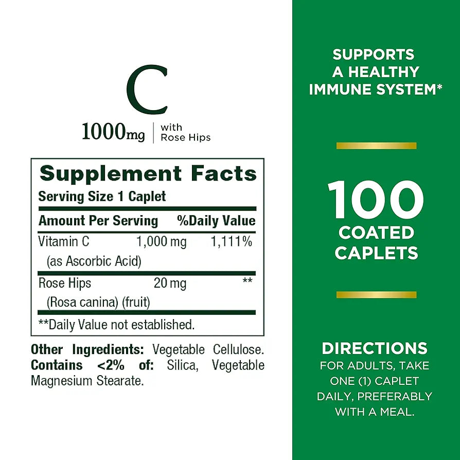 Nature’s Bounty Vitamin C + Rose HIPS, 1000mg | 100 Caplets