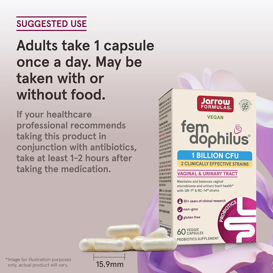 Jarrow Formulas Fem-Dophilus Vaginal Probiotics with 1 Billion CFU | Dietary Supplement For Vaginal & Urinary Tract Support, 60 Capsules