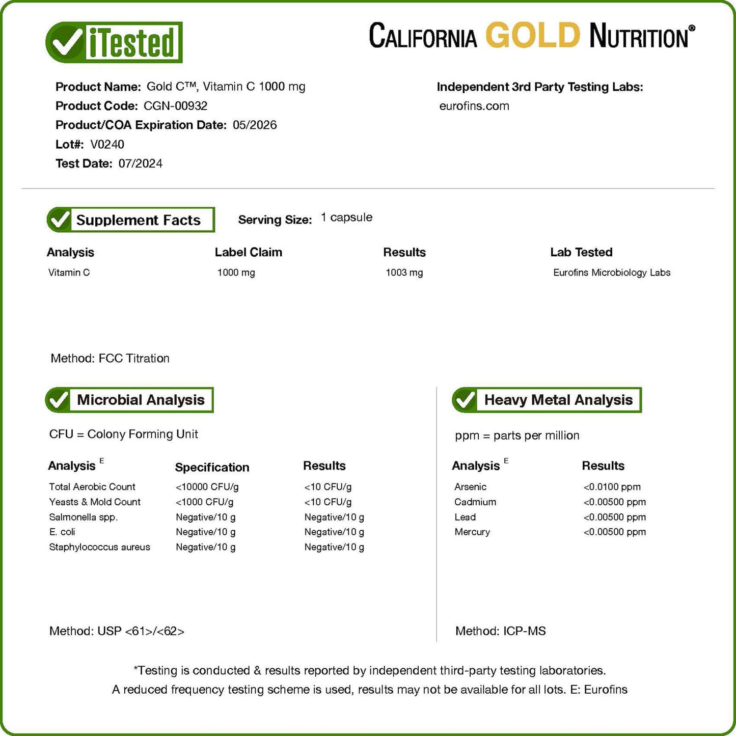 California Gold C™ Vitamin C | USP Grade | 1,000 mg, 240 Capsules (Family Size)
