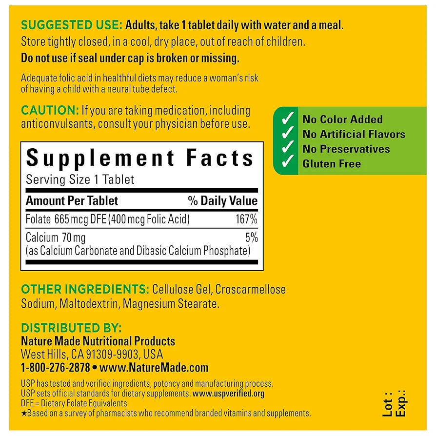 Nature Made Folic Acid 400 mcg, Dietary Supplement for Nervous System Function & Pregnant/TTC women. 250 Day Supply