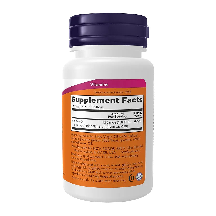NOW Foods Vitamin D-3 5,000 IU, High Potency | 120 Softgels