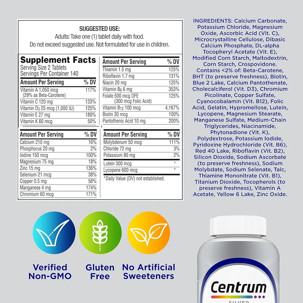 Centrum Silver Men's 50+ Multivitamin with Vitamin D3, B-Vitamins, Zinc for Memory and Cognition - 200 Tablets
