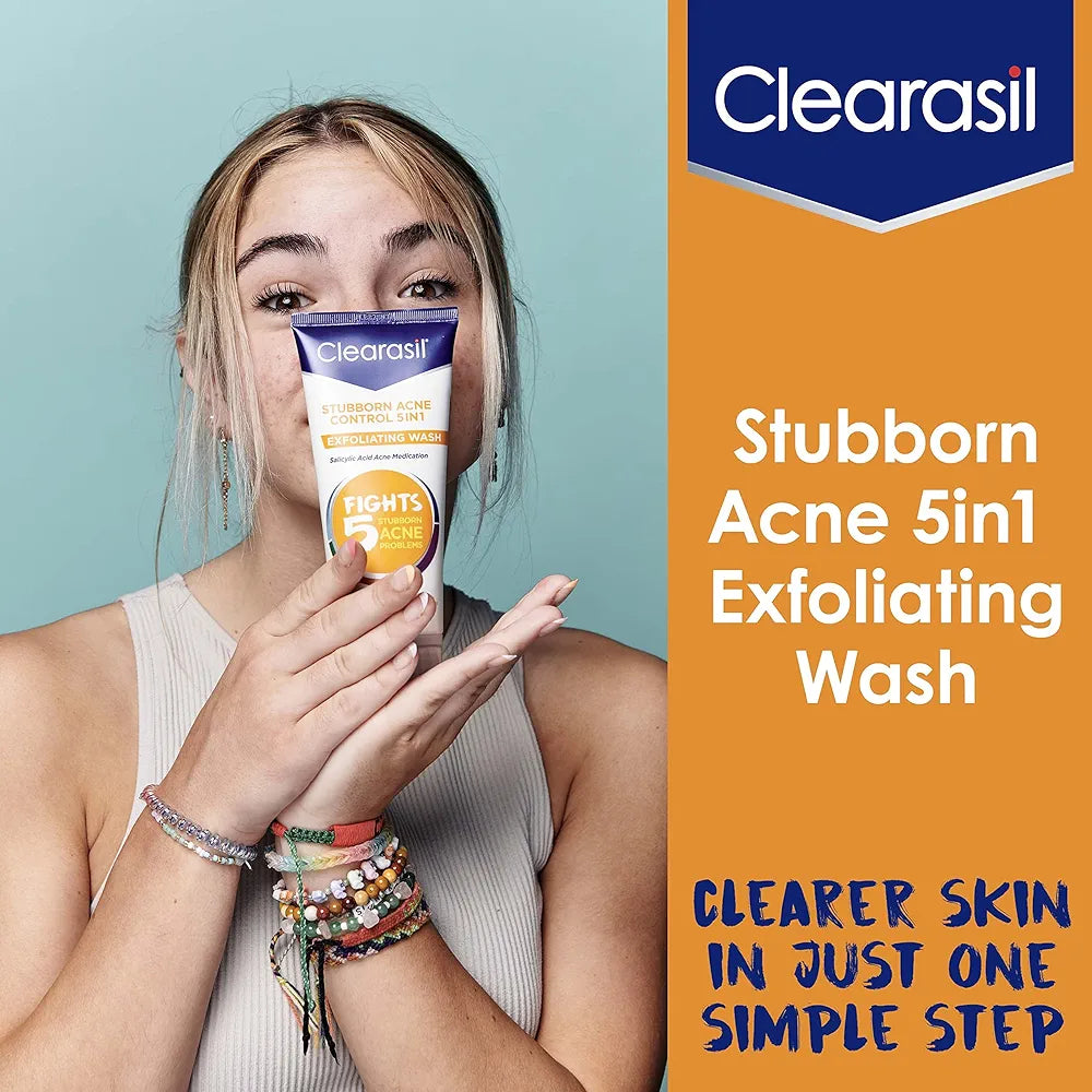 Clearasil Stubborn Acne Control 5in1 Exfoliating Wash with 2% Salicylic | Daily Acne Facial Cleanser