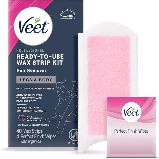 Veet Sugar Wax Strips for Women | Body, Pubic & Bikini Hair Removal with Shea Butter (40 Strips + 4 Wipes)