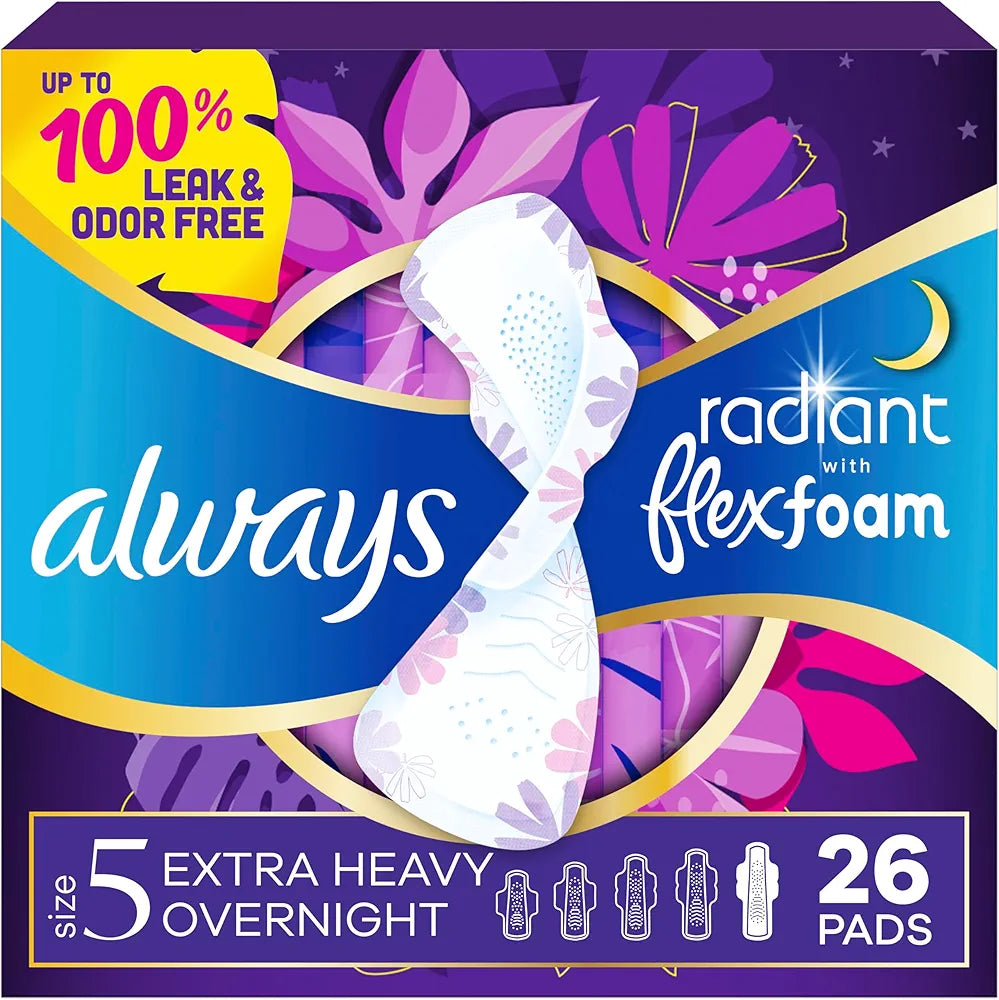 Always Radiant FlexFoam Pads with Wings – Size 5 Extra Heavy Overnight Absorbency (26 Count)