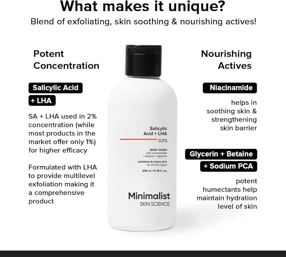 Minimalist 2% Salicylic Acid + LHA Body Wash | Exfoliating Body Wash for Acne, Rough & Bumpy Skin | 200ml