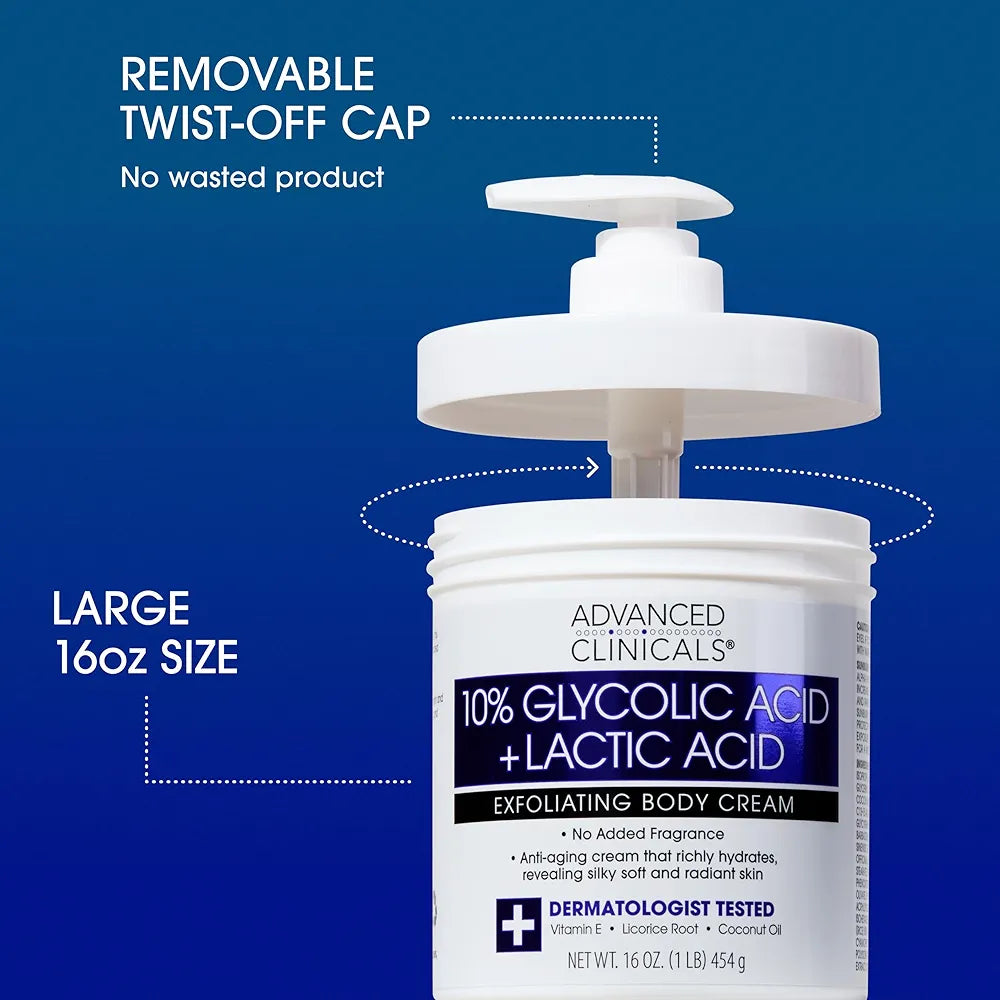 Advanced Clinicals 10% Glycolic Acid + Lactic Acid Lotion Exfoliant Moisturizing Cream With Hyaluronic Acid Moisturizer | AHA