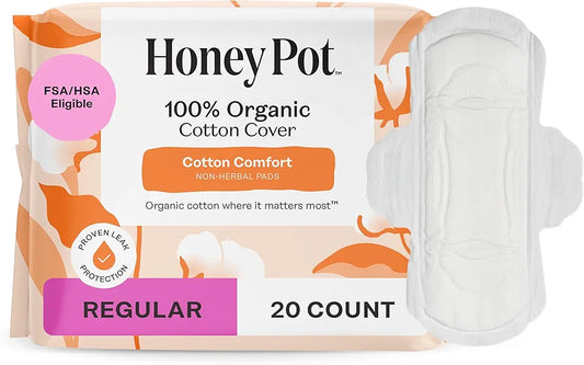 The Honey Pot Non-Herbal Sanitary Pads with Wings | Organic Cotton Cover | Regular Flow (20ct)