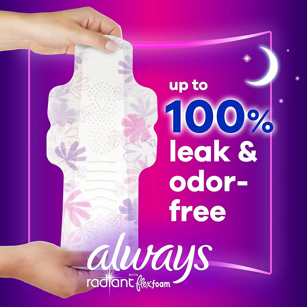 Always Radiant FlexFoam Pads with Wings – Size 5 Extra Heavy Overnight Absorbency (26 Count)