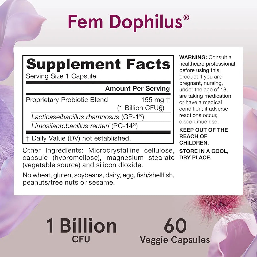 Jarrow Formulas Fem-Dophilus Vaginal Probiotics with 1 Billion CFU | Dietary Supplement For Vaginal & Urinary Tract Support, 60 Capsules