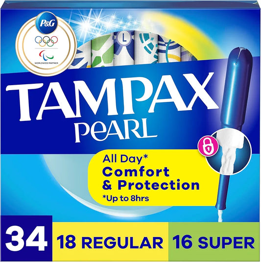 Tampax Pearl Tampons Multipack – Regular & Super Absorbency, Unscented, LeakGuard Braid (34 Count)