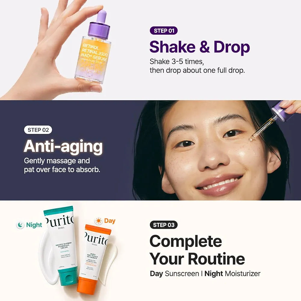 PURITO Seoul Retinol 0.1% + Retinal 0.1% NAD+ Serum for Fine Lines, Wrinkles, Uneven Skin Texture & Firmness, 30ml