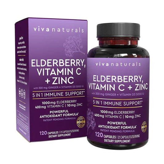 Viva Naturals Elderberry + Vitamin C & Zinc – 120 Capsules | Immune Support