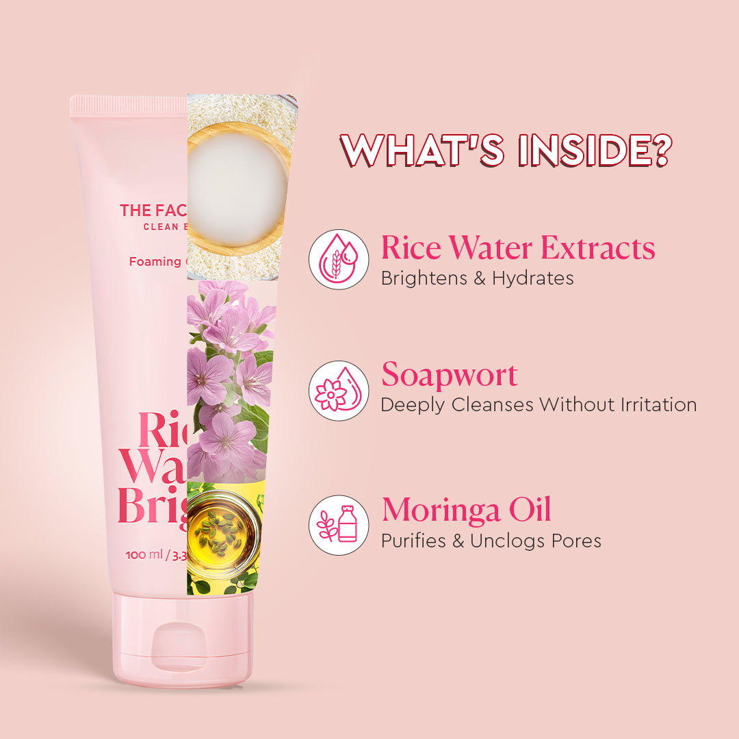 THE FACE SHOP Rice Water Bright Foaming Cleanser with Rice Extract for Dull Skin, Deep Cleansing & Brighter, Smoother Skin | 100ml