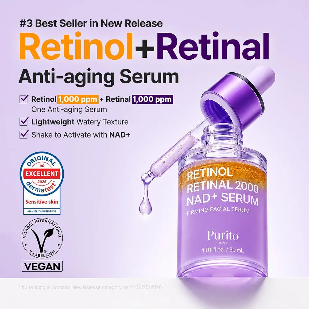 PURITO Seoul Retinol 0.1% + Retinal 0.1% NAD+ Serum for Fine Lines, Wrinkles, Uneven Skin Texture & Firmness, 30ml
