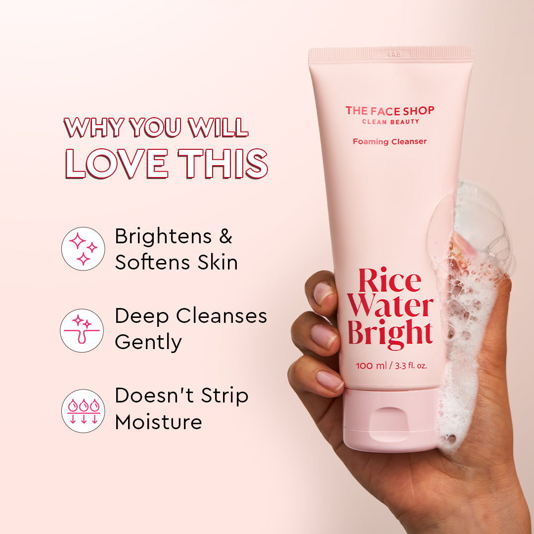 THE FACE SHOP Rice Water Bright Foaming Cleanser with Rice Extract for Dull Skin, Deep Cleansing & Brighter, Smoother Skin | 100ml