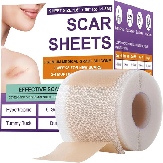 Silicone Scar Sheets & Tape for Keloids, Surgical, C-Section & Tummy Tuck Scars for Bump & Scar Removal | (1.6" x 59"/1.5m Roll)