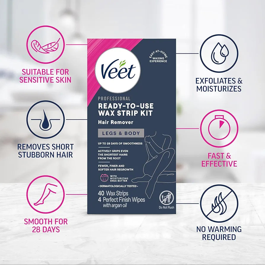 Veet Sugar Wax Strips for Women | Body, Pubic & Bikini Hair Removal with Shea Butter (40 Strips + 4 Wipes)